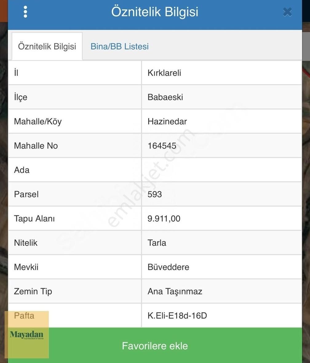 Mayadan Babaeski Hazinedar'da 9.911m2 Satılık Arazi