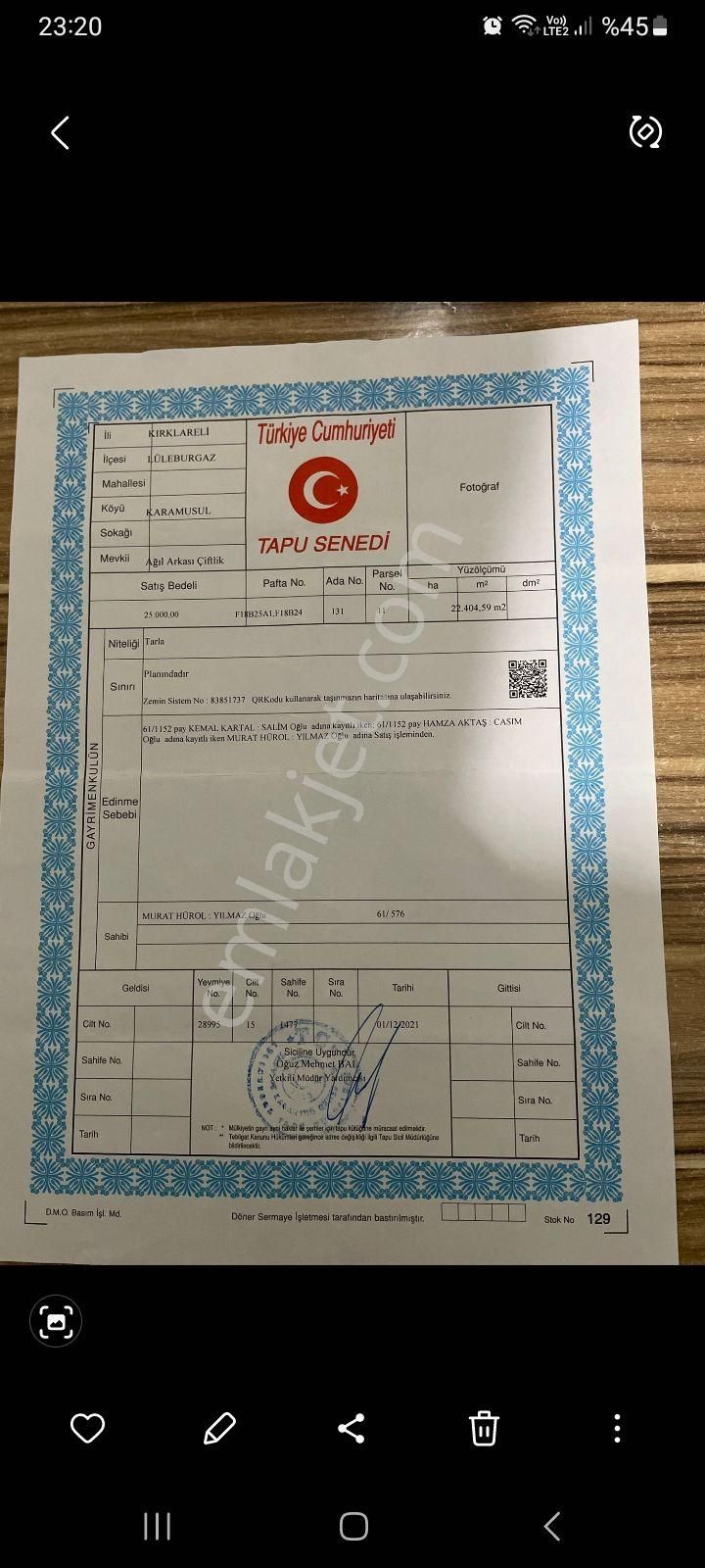 Satılik Tarla Kırklareli Lüleburgaz Karamusulda