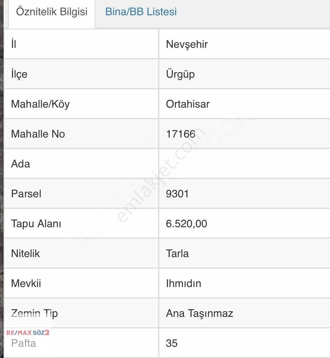 Ürgüp Ortahisarda Satılık Tek Tapu Tarla
