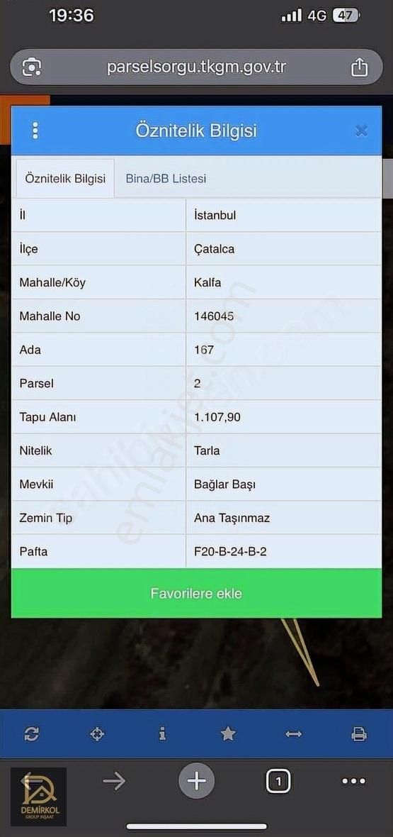 Demirkol İnşaat Çatalca Kalfaköy İfrazlı 1107 M2 Satılık Arsa