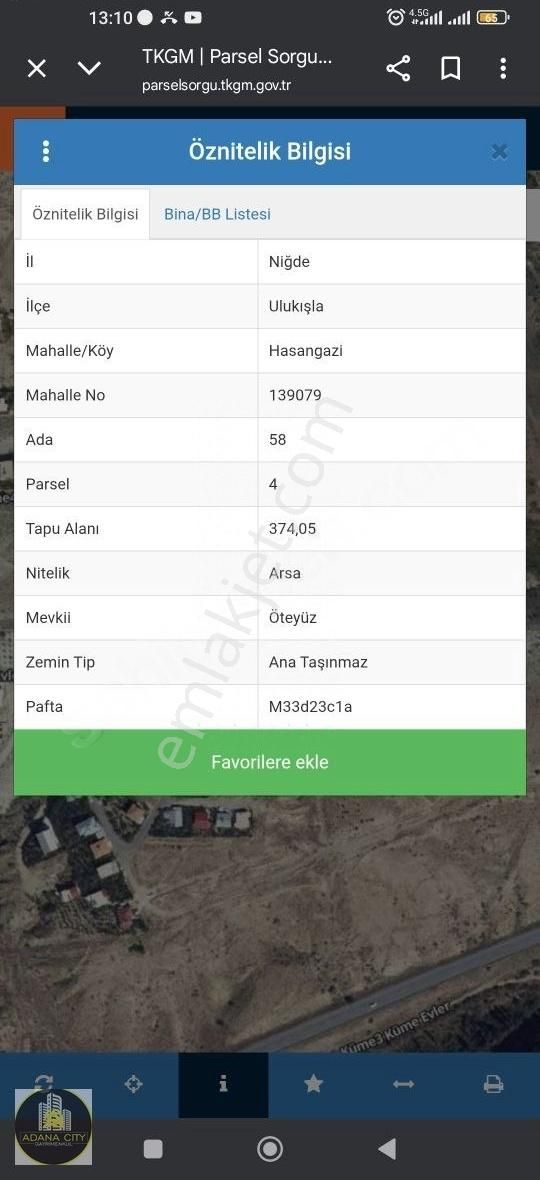 Niğde Ulukışla Hasangazi Merkezde 374 M2 Alt Yapı Sorunu Olmayan