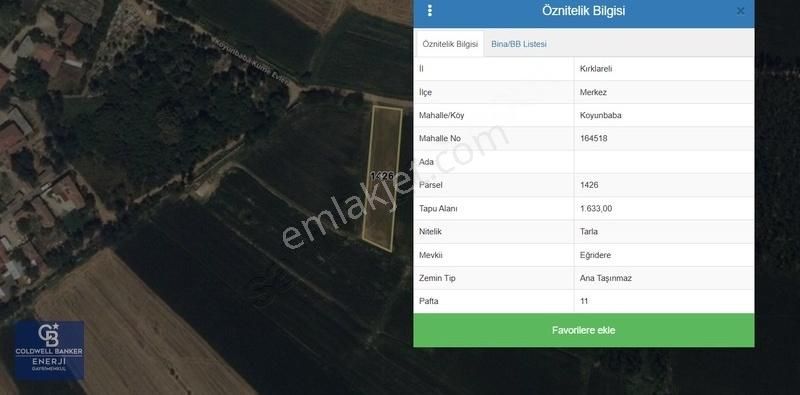 Kırklareli Merkez Koyunbaba Satılık 1.633 M2 Arazi