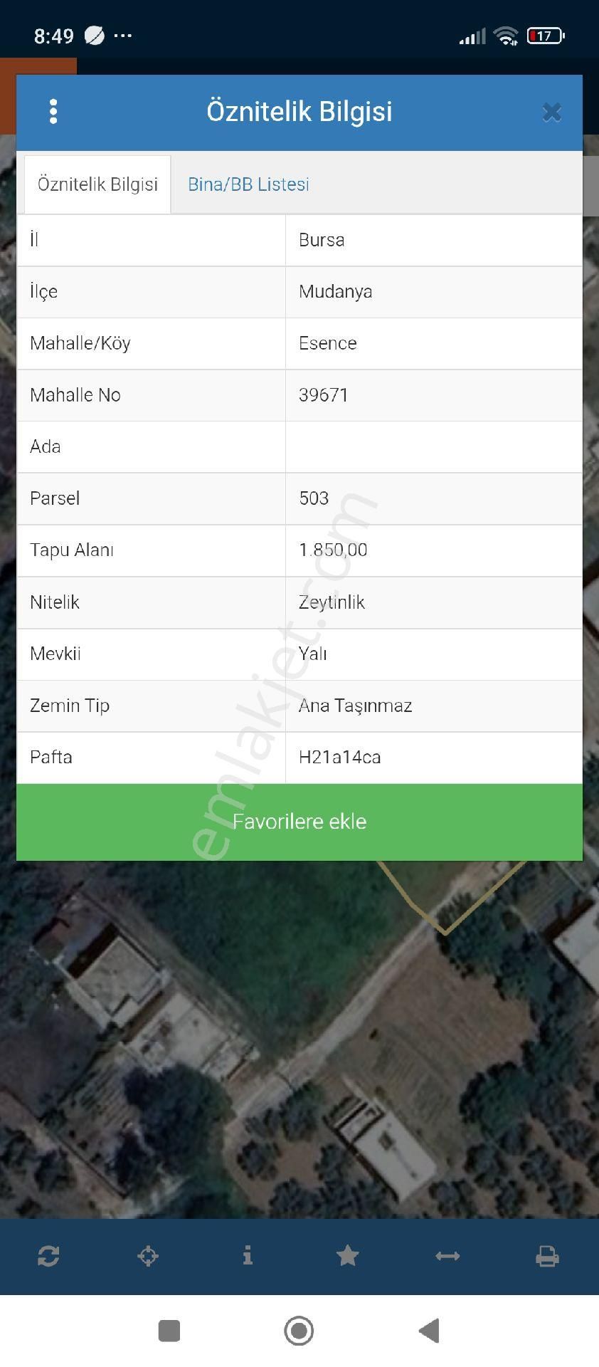 Bursa Mudanya Esence Mahallesi Satılık 616 Mt 2 Tarla