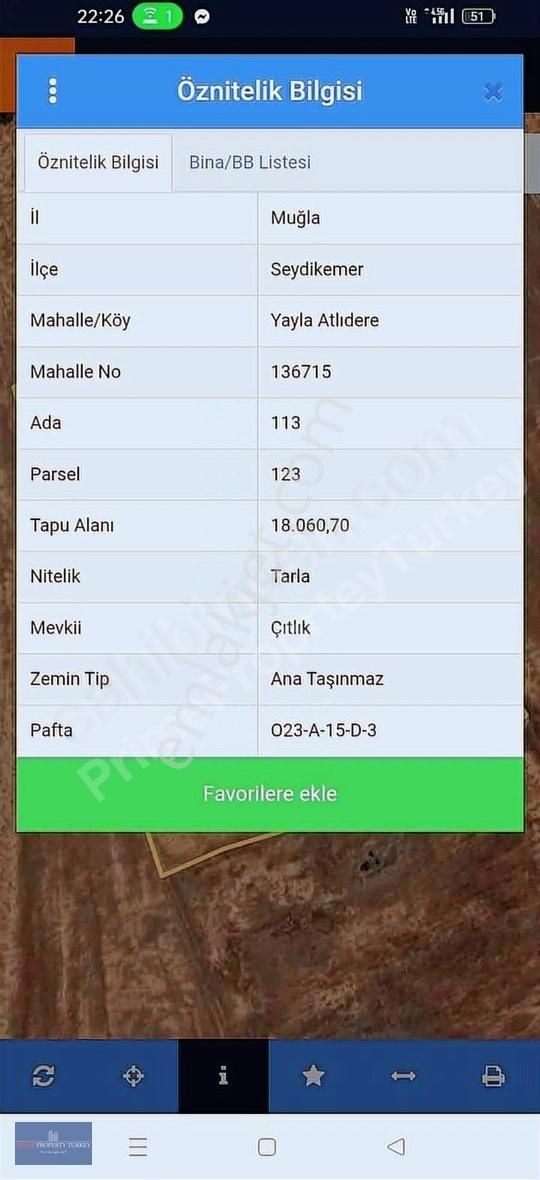 Seydikemer Yayla Atlıderede Satılık Tarla