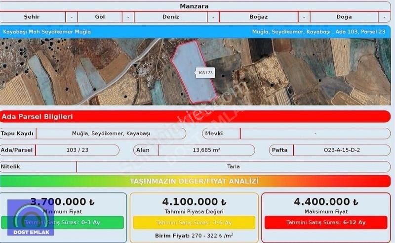 Seydikemer Kayabaşı Mahallesi Çomak Mevkii 13.615m²satılık Tarla