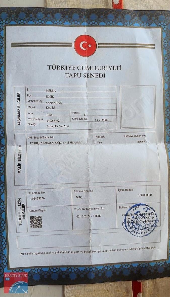 Bursa İznik Sansarak Ta Müstakil Arsa Üzerinde Ev