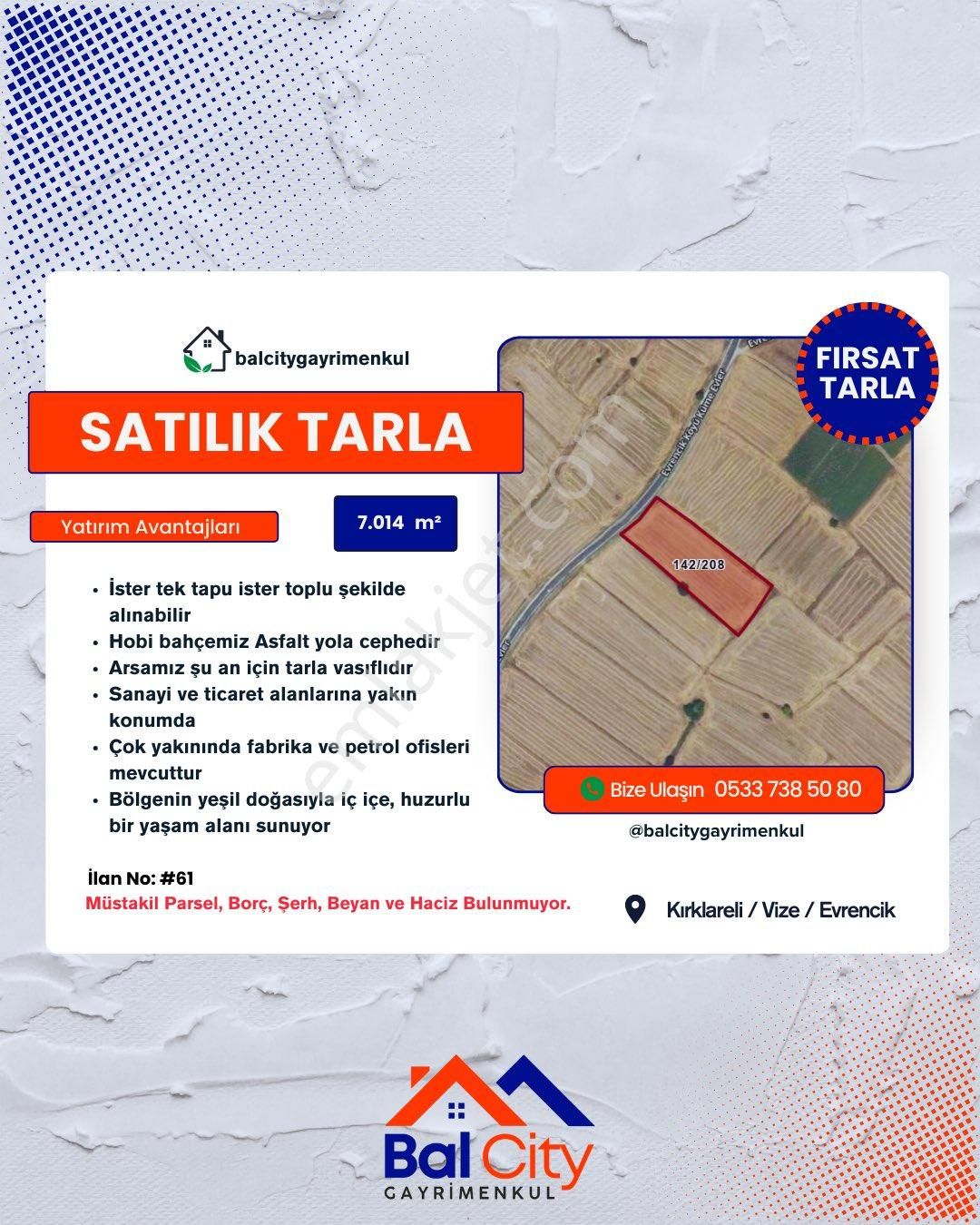🟢fiyat Düştü!! Balcity'den Kırklareli Vize’de Asfalt Yola Cephe İmar Sınırında Fırsat Tarla!