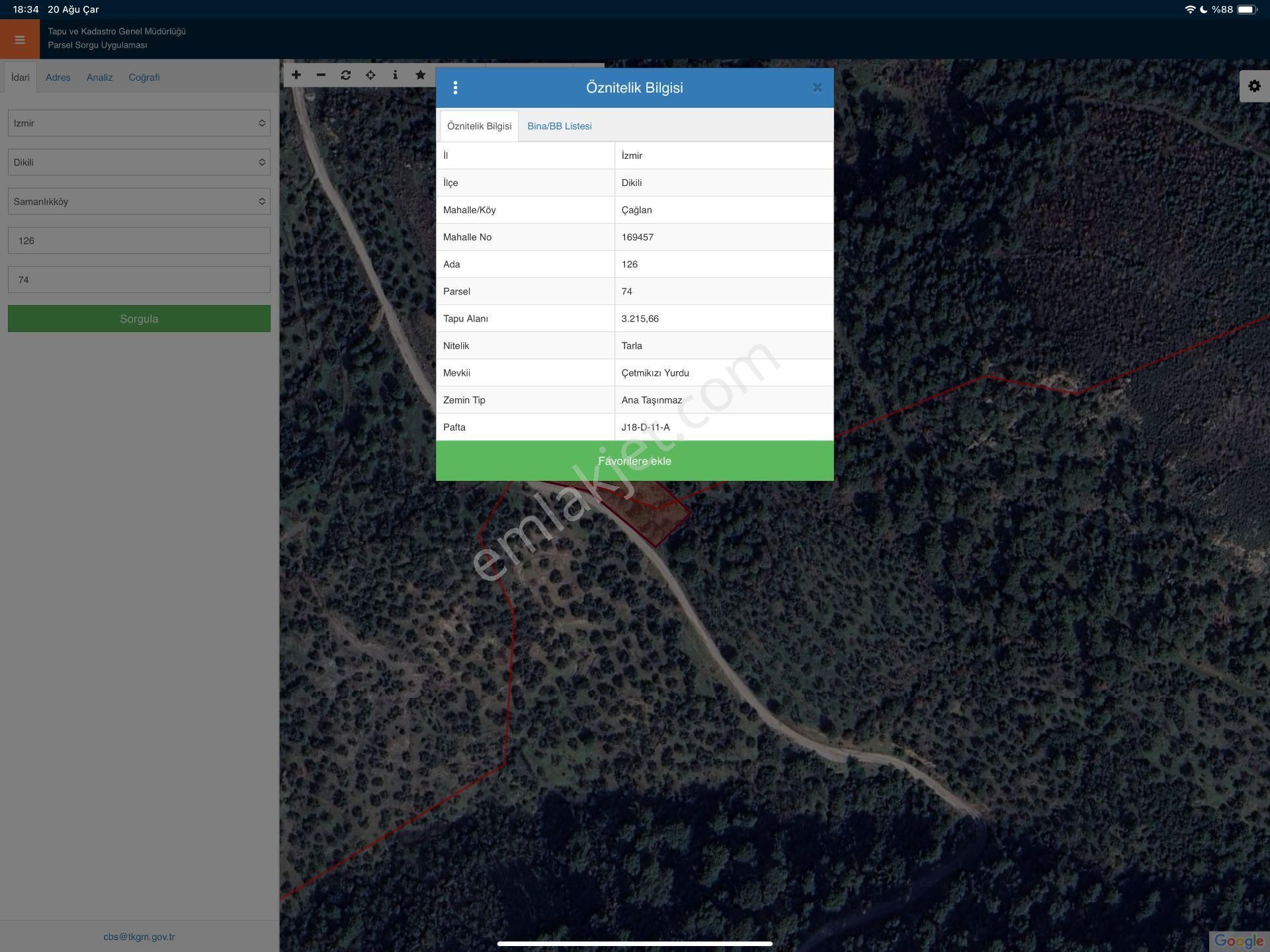 Merkez'den İzmir Dikili Çağlan Mah. Kadastro Yola Cepheli