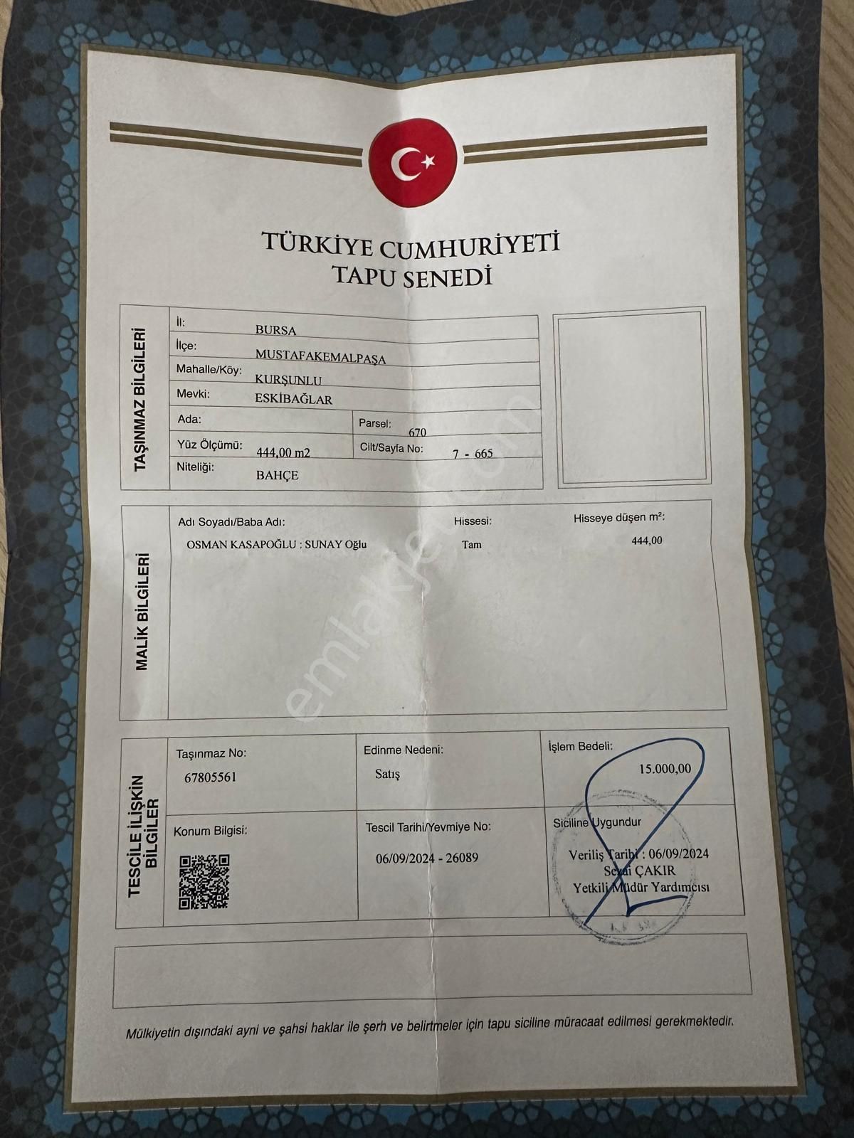Bahçe Nitelikli 444 M2 Tek Tapu Kadastro Yolu Var
