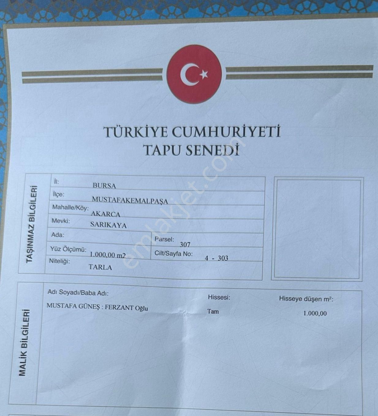 Tek Tapu 1 Dönüm Arazi Sahibinden