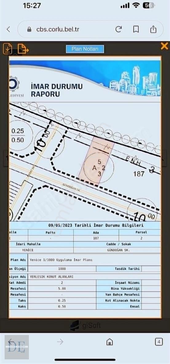 Çorlu Yenice Mah.sahil Bölg. 356 M2 Villa İmarlı Satılık Arsa