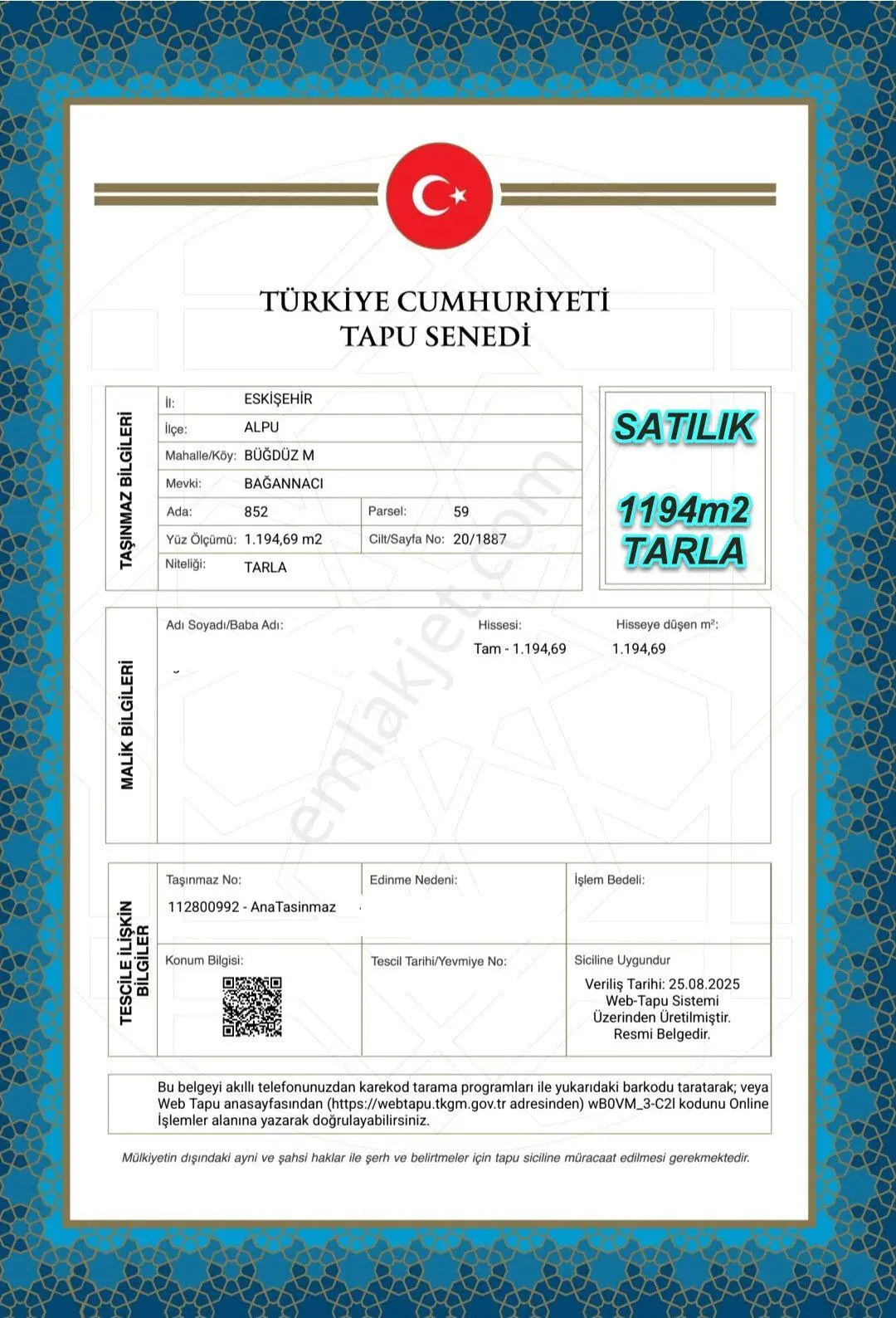 Eskişehir Alpu Büğdüz Mah.de Fırsat Satılık 1194m2 Tarla