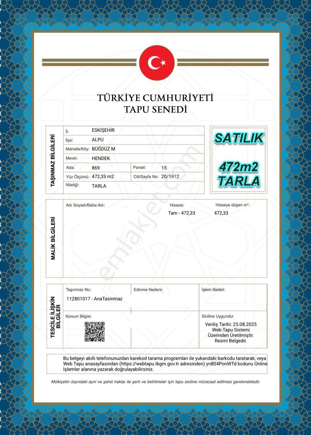 Eskişehir Alpu Büğdüz Mah.de Fırsat Satılık 472m2 Tarla - Görsel 3