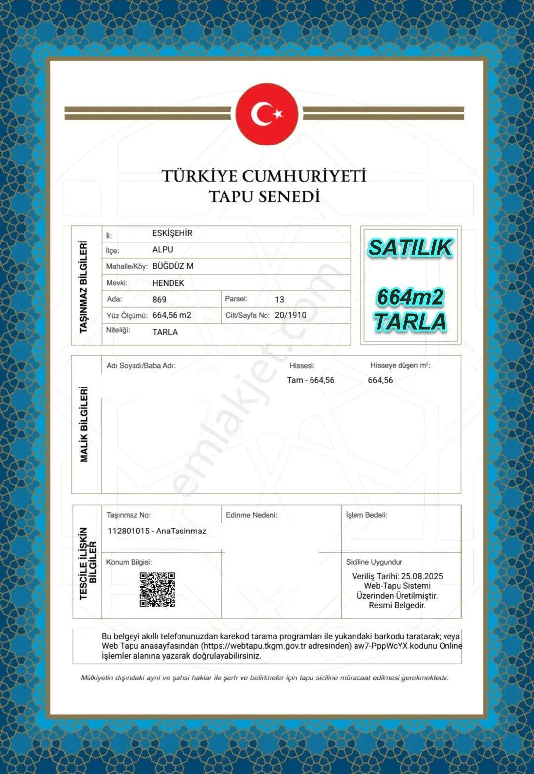 Eskişehir Alpu Büğdüz Mah.de Fırsat Satılık 664m2 Tarla