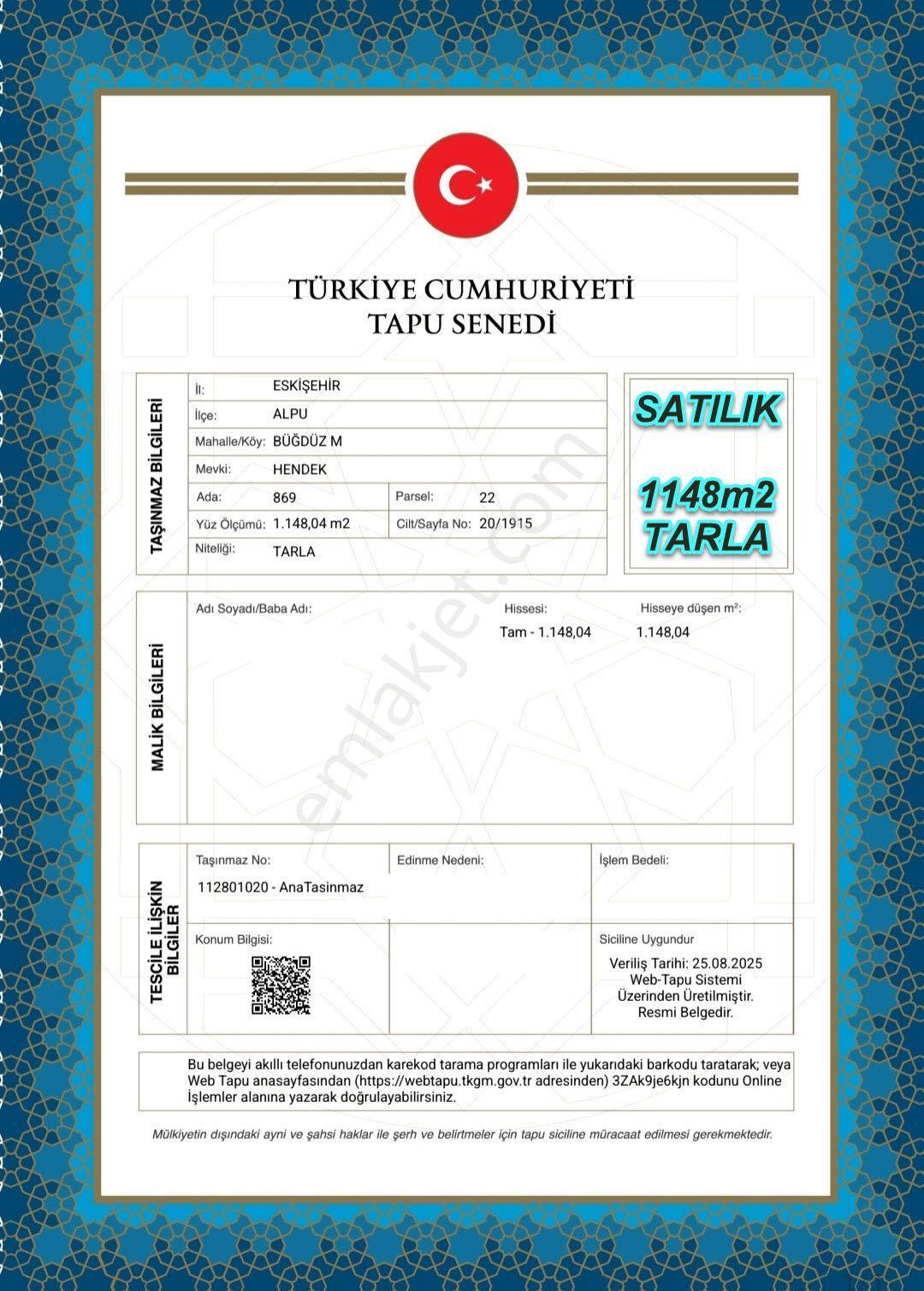 Eskişehir Alpu Büğdüz Mah.de Fırsat Satılık 1148m2 Tarla - Görsel 3