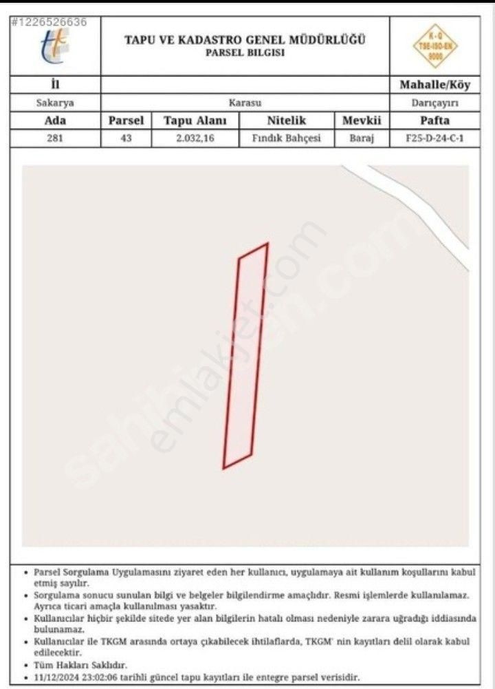 Acil Sakarya Karasu Darıçayırı Fındık Bahçesi 2032 M2 Fırsat Yeri. - Görsel 2