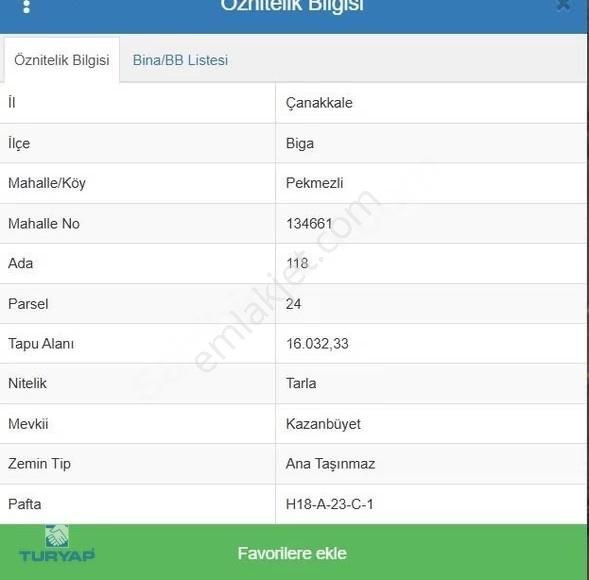 Çanakkale Biga Pekmezli Köyünde Satılık Tarla