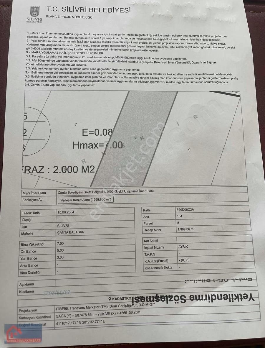 Dereli Emlak Tan Silivri Balabanda İmarlı 250 M2 Satılık Arsa