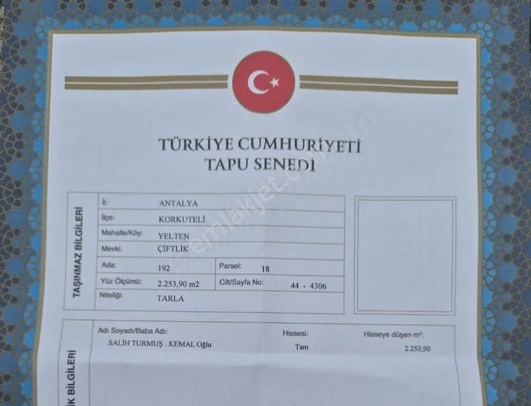 Korluteli Yeltende 2.250 M2 Yatırımlık Etrafında Yerleşim Mevcut