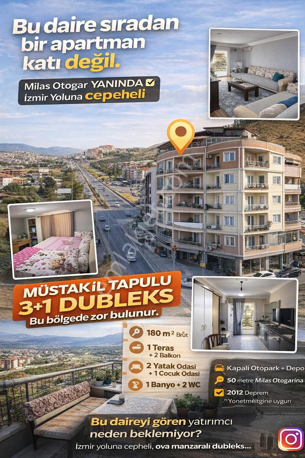 Milas Burgaz Panoramik Manzara 3+1 Geniş Dubleks Daire K.otopark