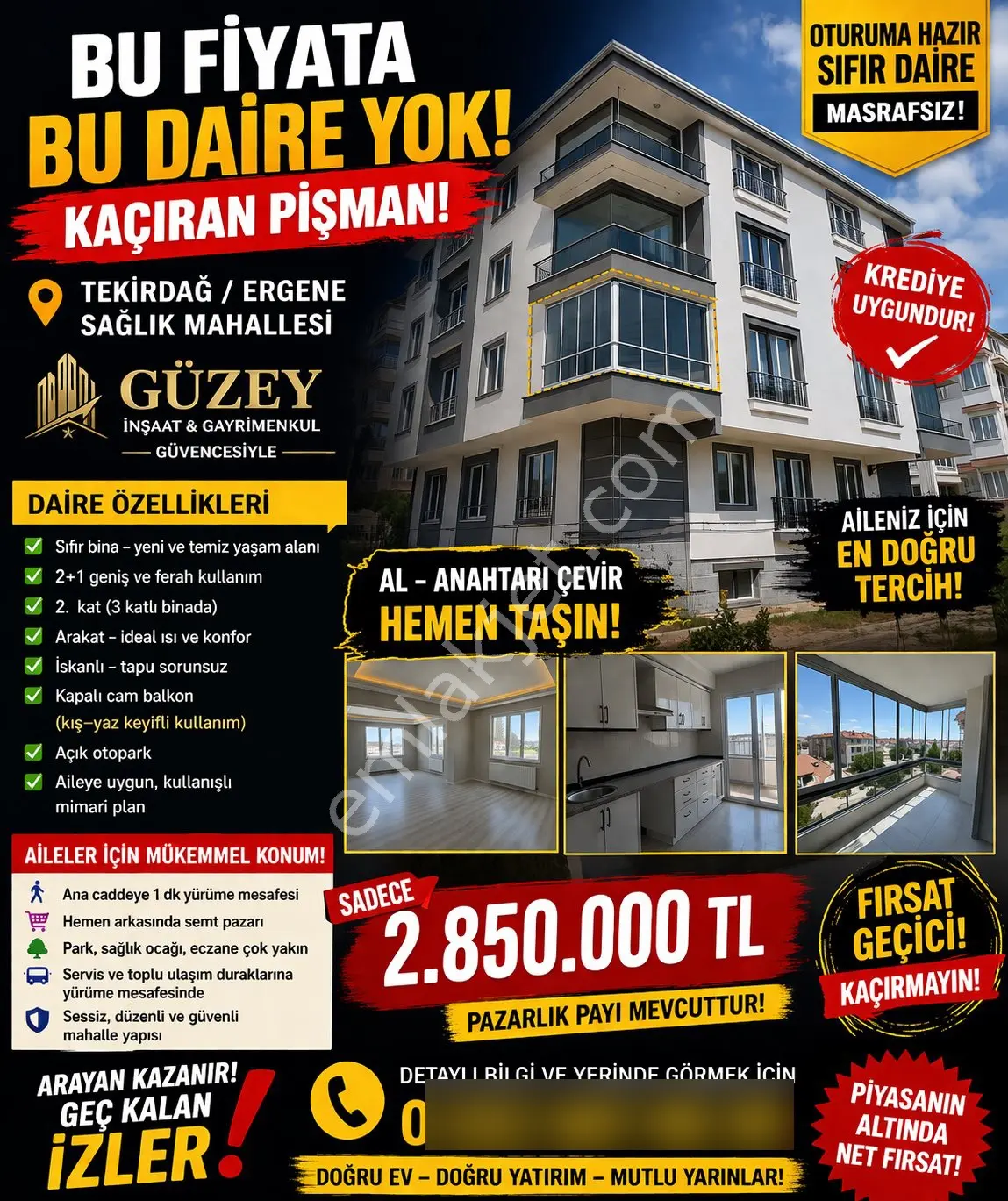Sağlık Mahallesi Ergene’de Satılık 2 + 1 Ara Kat Sıfır Daire