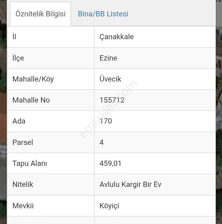 Çanakkale Ezine Üvecik Köyü 459 M2 İmarlı Arsa Köy Evi Var