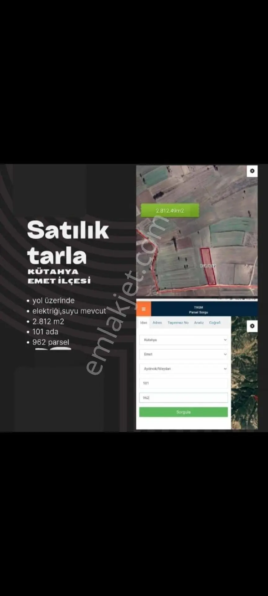 Kütahya Emet Aydıncıkta 2.812.49m² Tarla Satılık.