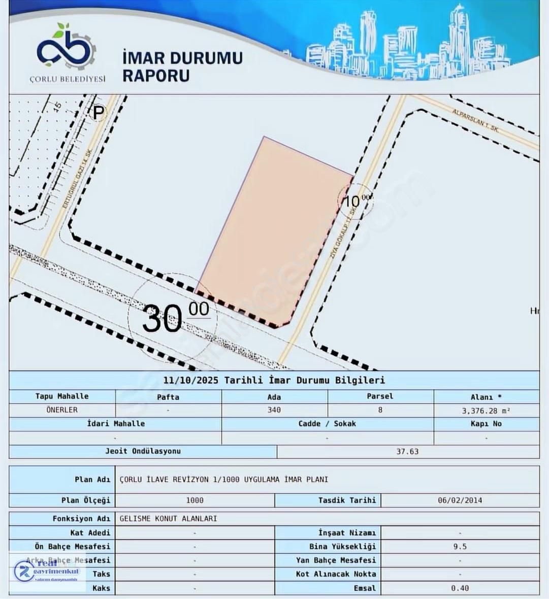 Çorlu Önerler Mahallesi 3 Kat Ticari+konut İmarlı 3377 M2 Arsa