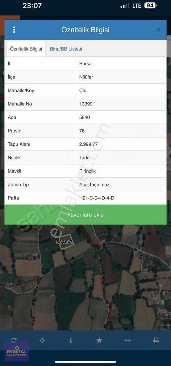 Nilüfer Çalı Mahallesi 750 M2 Satılık Hisseli Tarla