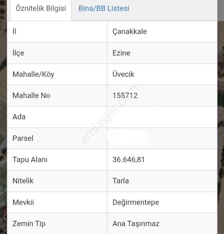 Çanakkale Ezine Üvecik Köyü 36 Dönüm İmarlı Tarla