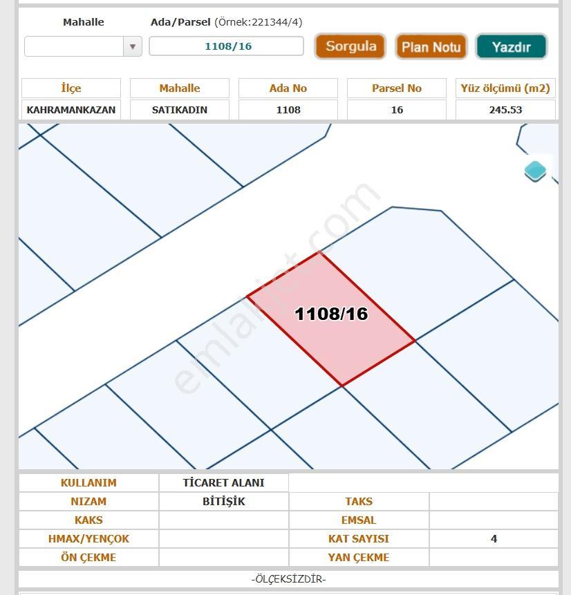 Sahibinden Kahramankazan Satıkadın 246 M2 Ticari Tek Tapu Arsa