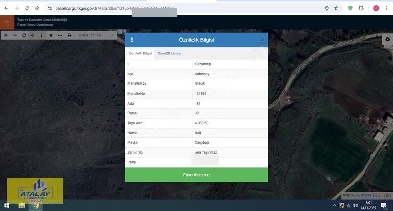 Satlık G.antep Ufacık Mahellesinde Bag Evi Konumunda Kupon Arazi