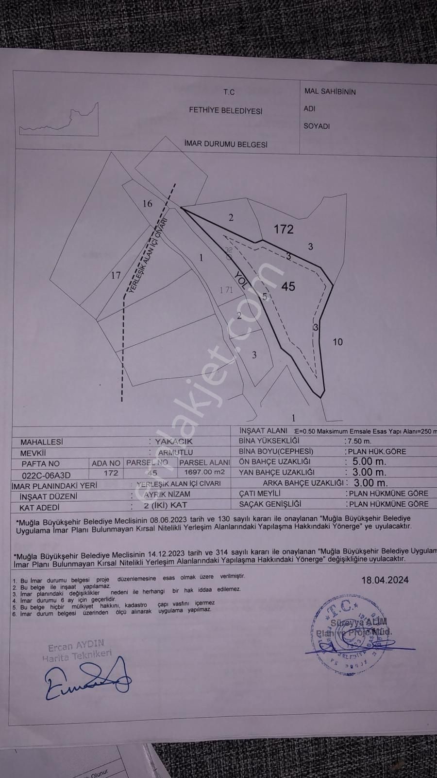 Fethiye Yakacık'ta Projesi Hazır 1697m2 Köyiçi Konumda Satılık Tarla - Görsel 12