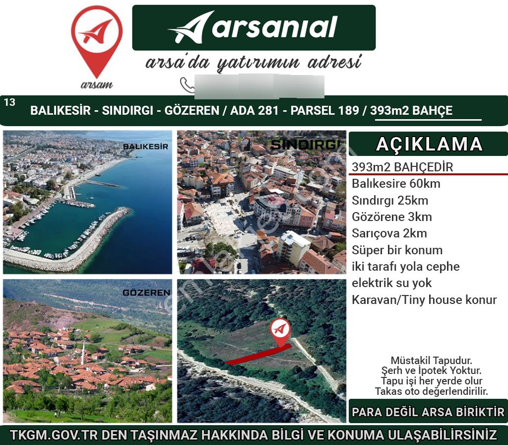 Balıkesir Sındırgı Gözeren Satılık 393m2 Bahçe