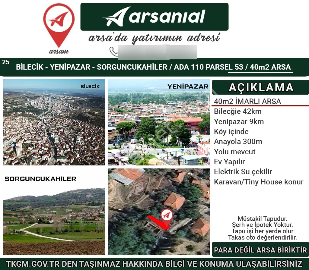 Bilecik-yenipazar-sorguncukahiler-40m2 İmarlı Arsa