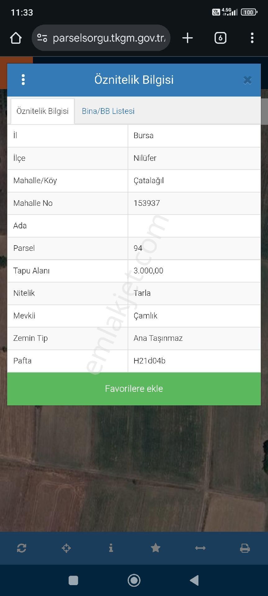 Nilüfer Çatalağıl Satılık 3 Dönüm Tarla