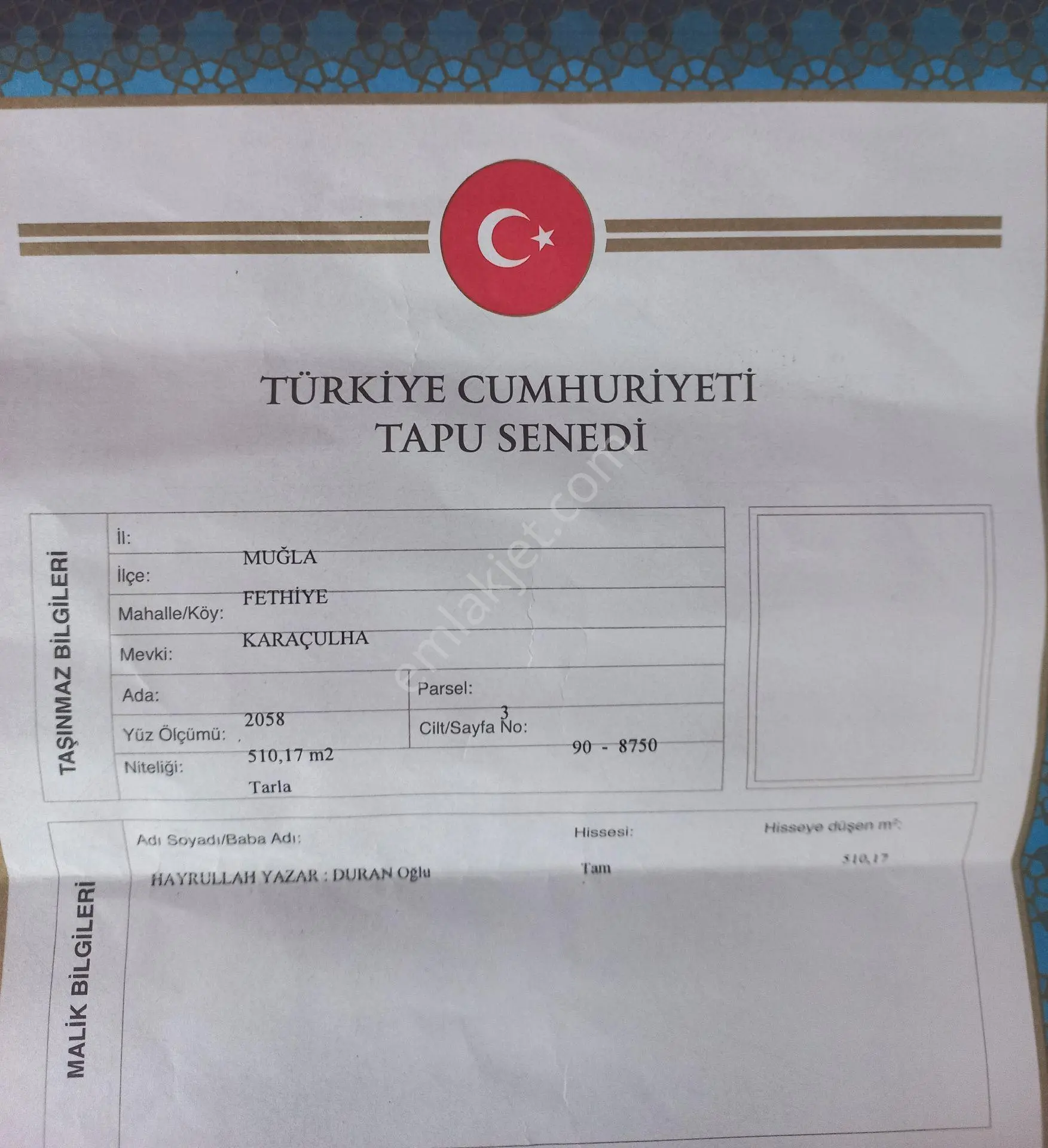 Fethiye, Karaçulha, Tek Tapu, Elektrik+sondaj Su - Görsel 3