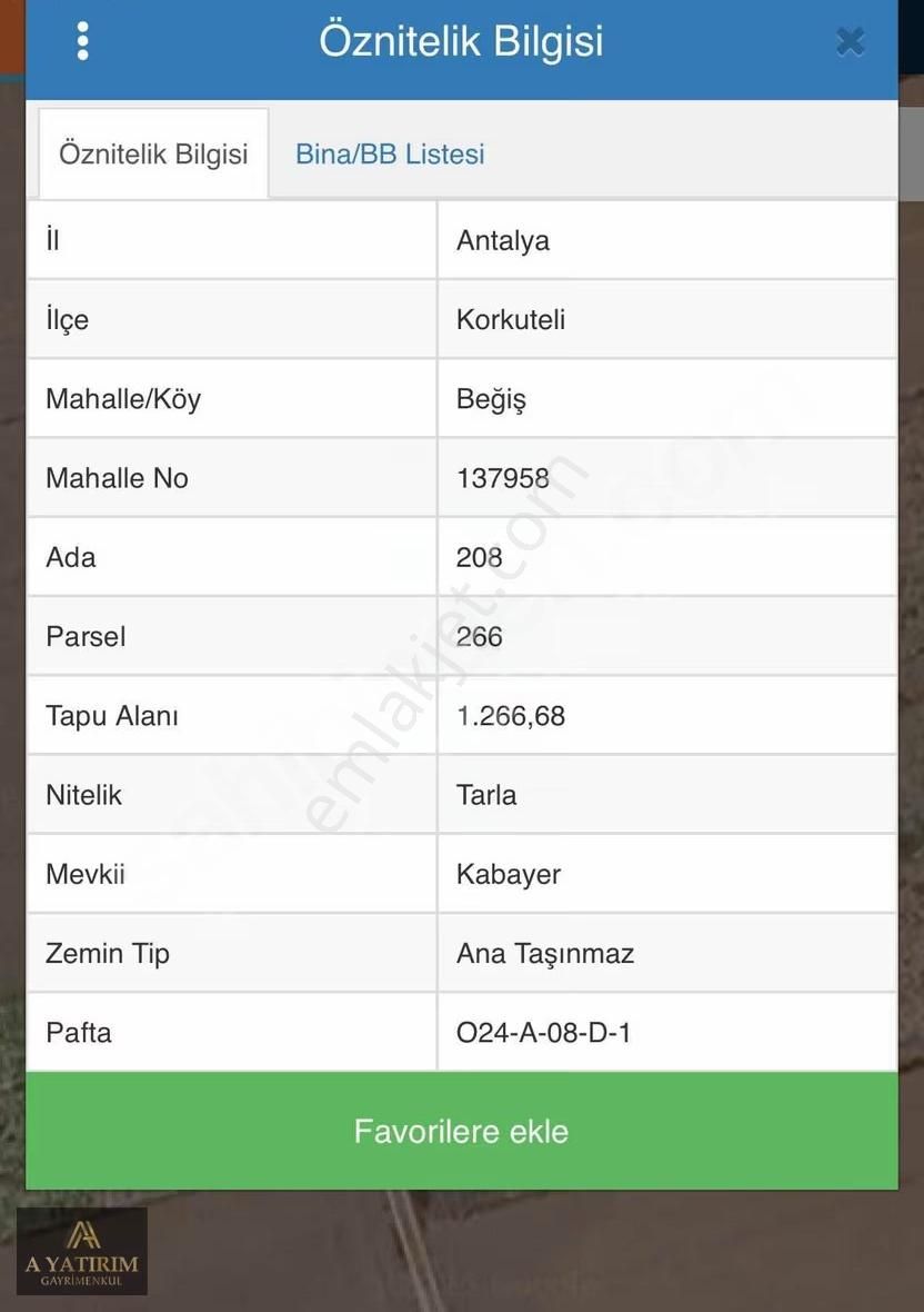 A Yatırımdan Korkuteli Beğiş Köyünde Satılık Tarla