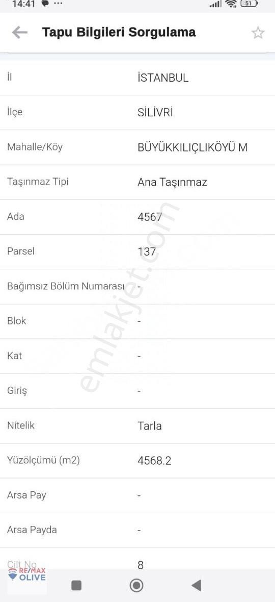 Silivri Büyük Kılıçlı Köyü Satılık Tarla