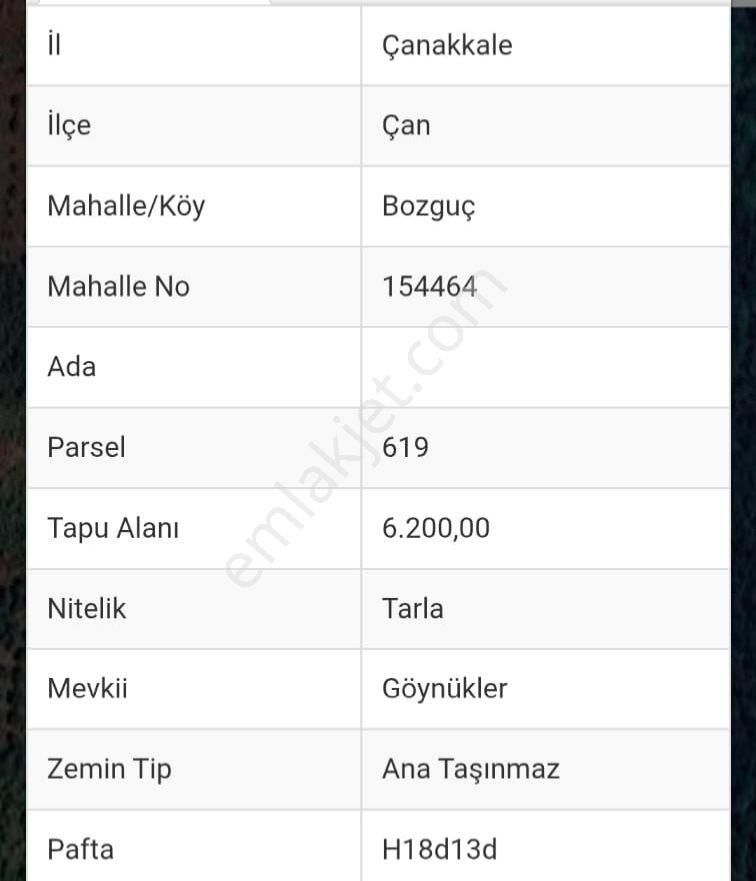 Çanakkale Çan Bozguçlar Köyünde Satılık Tarla