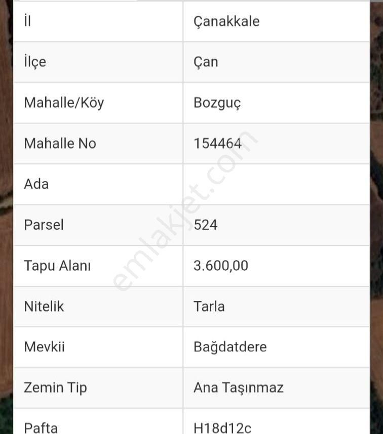 Çanakkale Çan Bozguçlar Köyünde Satılık Tarla