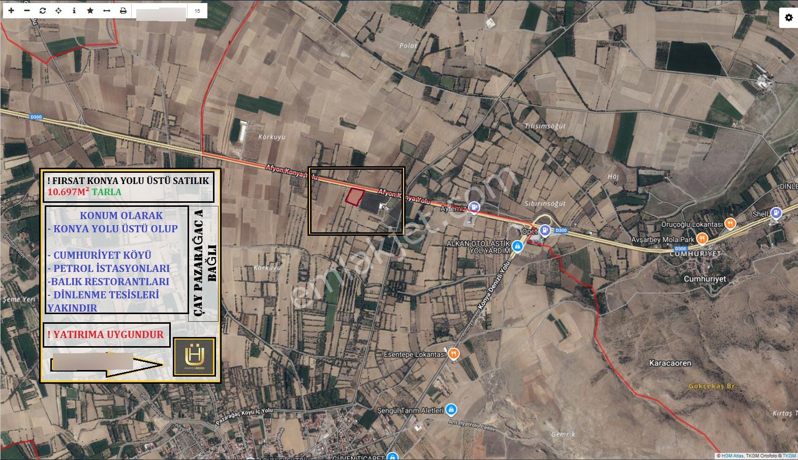 Afyon Üçok Emlaktan Konya Yolu Üstü Satılık 10.697m² Fırsat Tarla