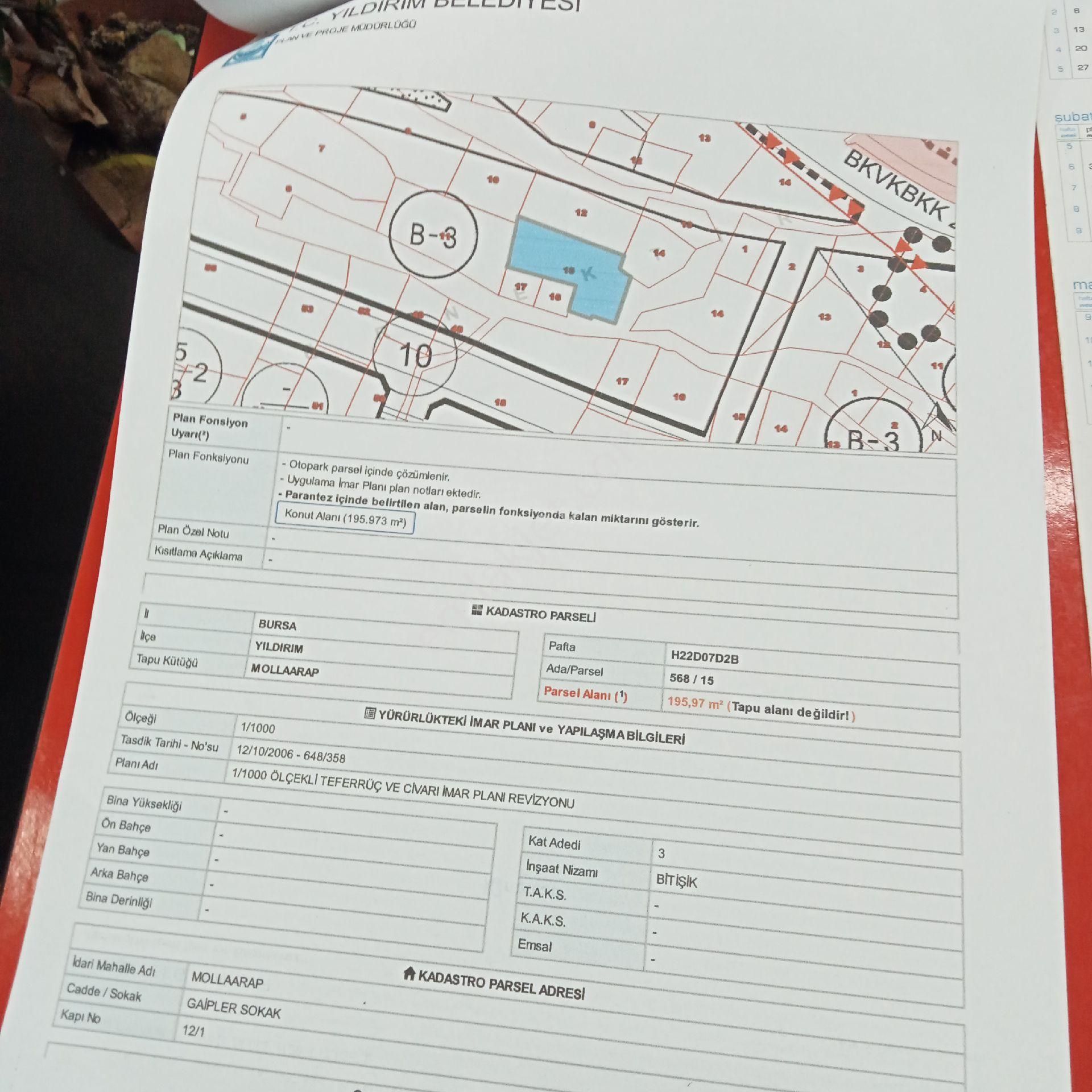 Bursa Yıldırım Mollaarapta Satılık Otopark Artı Üç Kat İmarlı Cazip Arsa