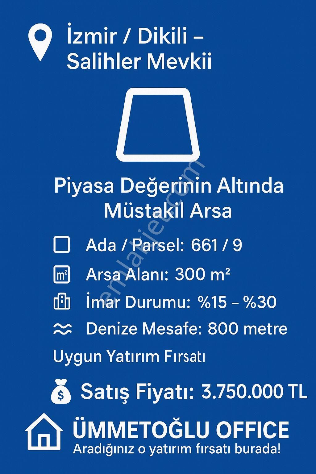 Dikili Ümmetoğlu'ndan Salihler Villa İmarlı Arsa 300 M2 Denize 800 Metre