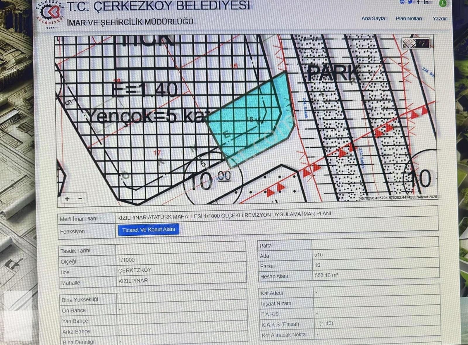 Çerkezköyde Satılık Ticari +konut Arsa
