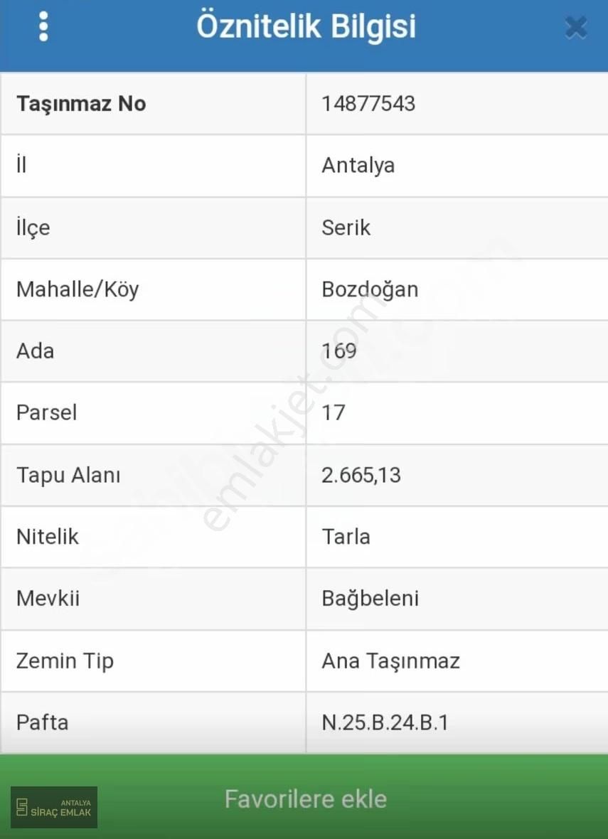Serik Bozdoğanda Satılık 2665m2 Arsa