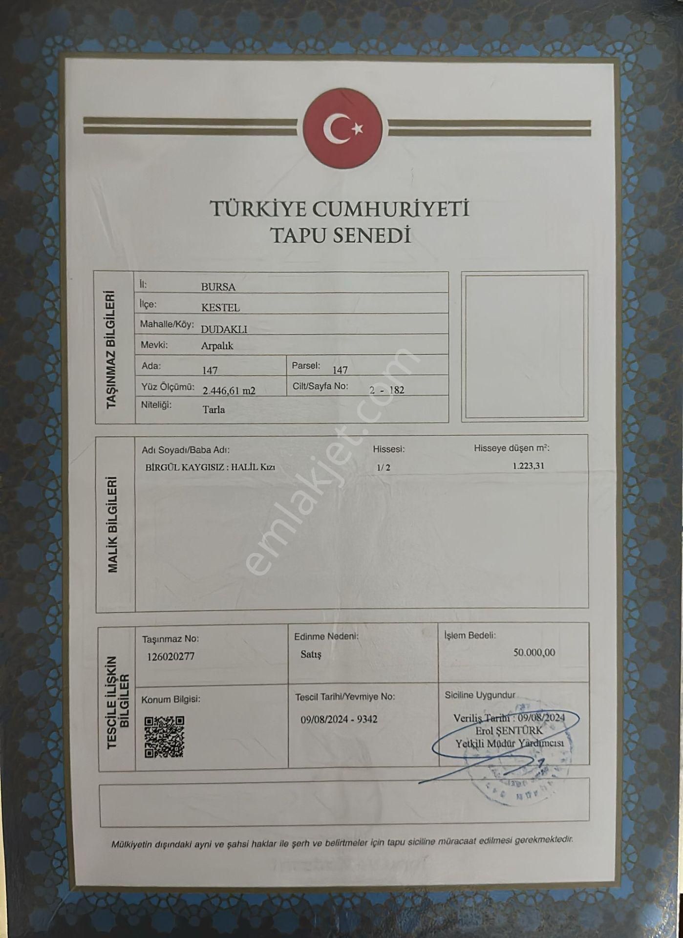 Bursa Kestel Dudaklı Satılık Hobi 2446m2 Bahçesi