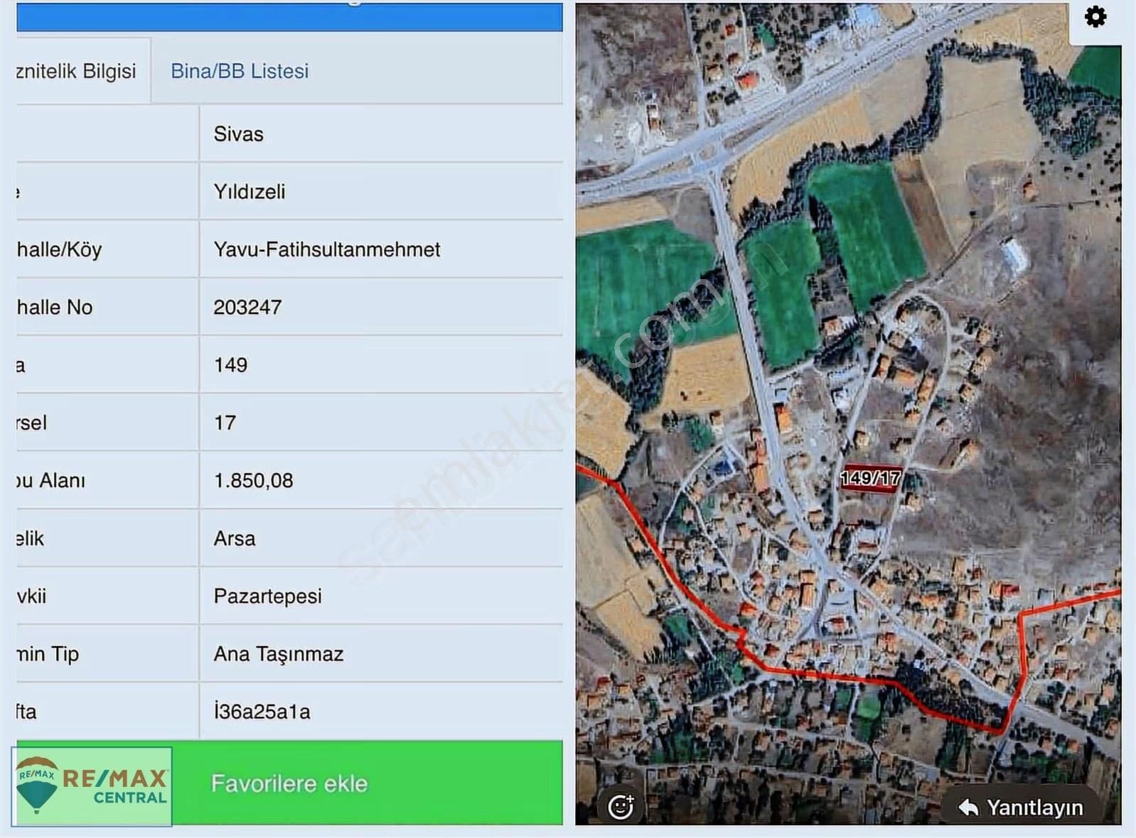 Remax Centralden Yıldızeli Yavuda Satılık 1850 M2 Arsa