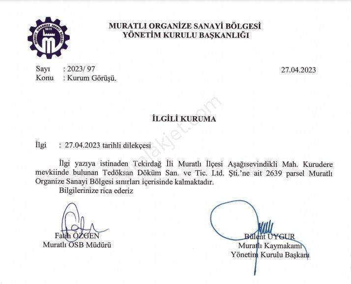 Tekirdağ Muratlı Osb İçinde 6.786m2 Çed Raporu Alınmış Satılık Arsa - Görsel 9