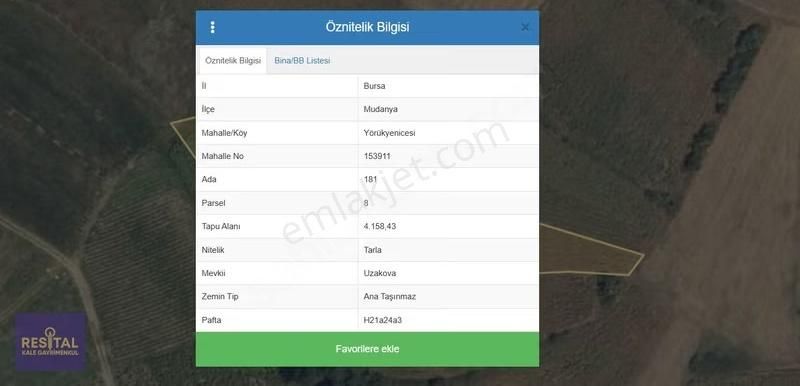 Bursa Mudanya Yörükyenicesi Köyünde Satılık 4158 M2 Tarla